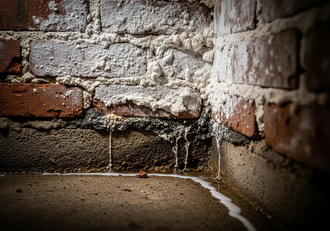 Brick efflorescence and moisture detail on exterior wall of a Spartanburg SC Hillbrook neighborhood home indicating hidden cavity moisture