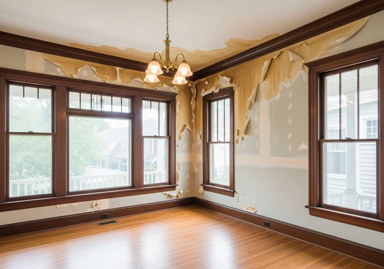 Water damage in a historic Converse Heights home in Spartanburg SC showing moisture damage to plaster walls and hardwood flooring requiring professional restoration