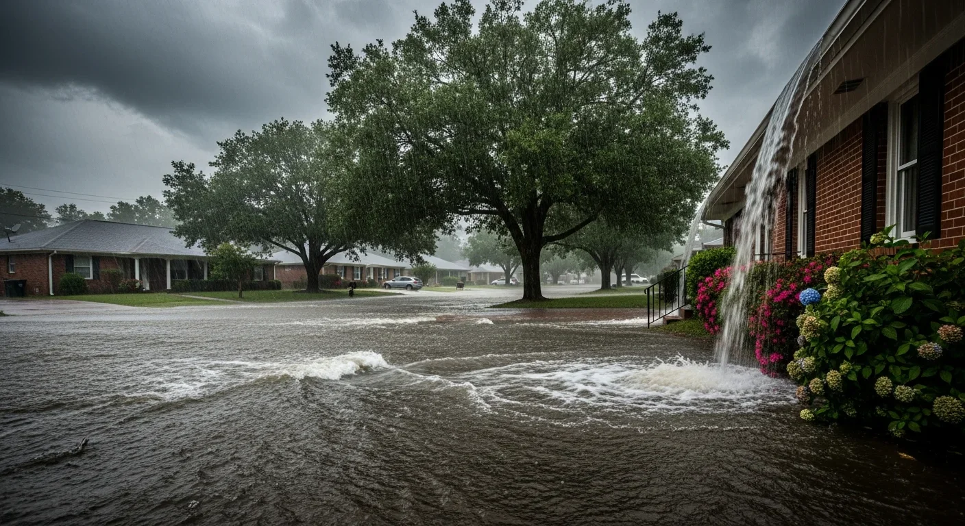Flash flooding on a residential street in Spartanburg SC during heavy rainfall with water pooling in yards and stormwater systems overwhelmed
