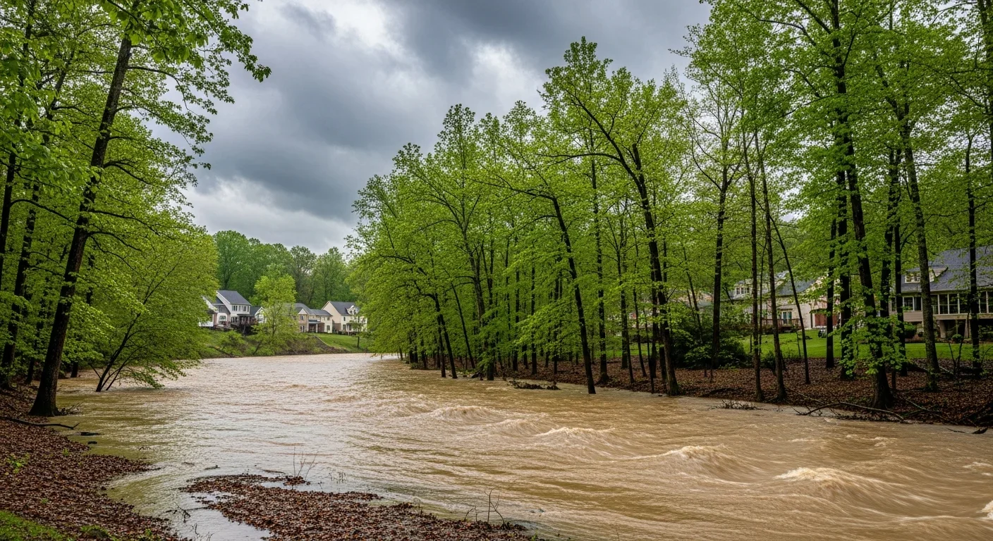 Lawson's Fork Creek flooding in Spartanburg South Carolina showing elevated water levels along the creek channel with adjacent residential properties at risk