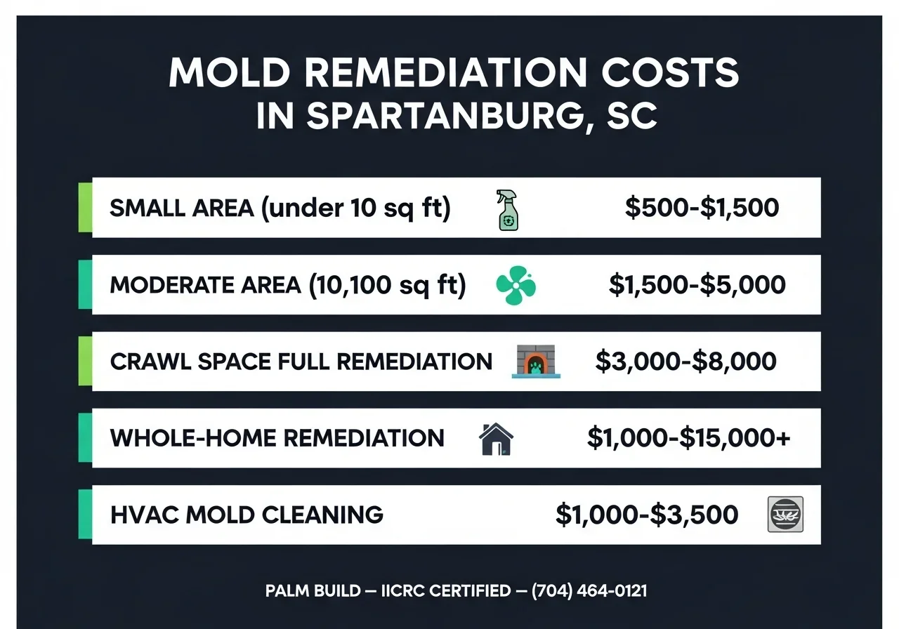 Spartanburg SC mold remediation cost breakdown infographic showing small, moderate, and large project pricing ranges