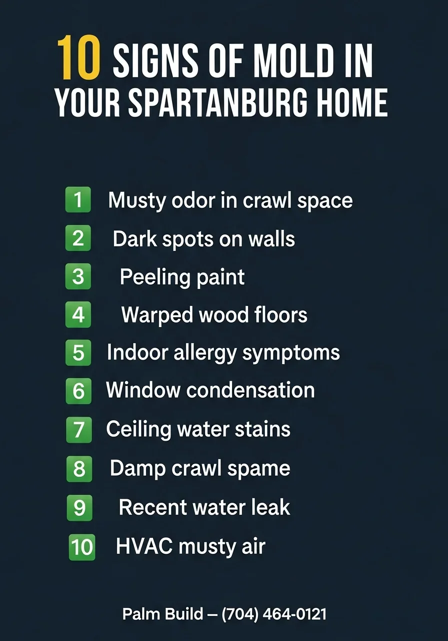 Mold warning signs infographic for Spartanburg SC homeowners showing common indicators of hidden mold growth