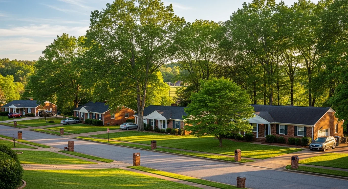 Typical Spartanburg South Carolina residential neighborhood with historic brick homes and mature trees lining the street in the Piedmont region