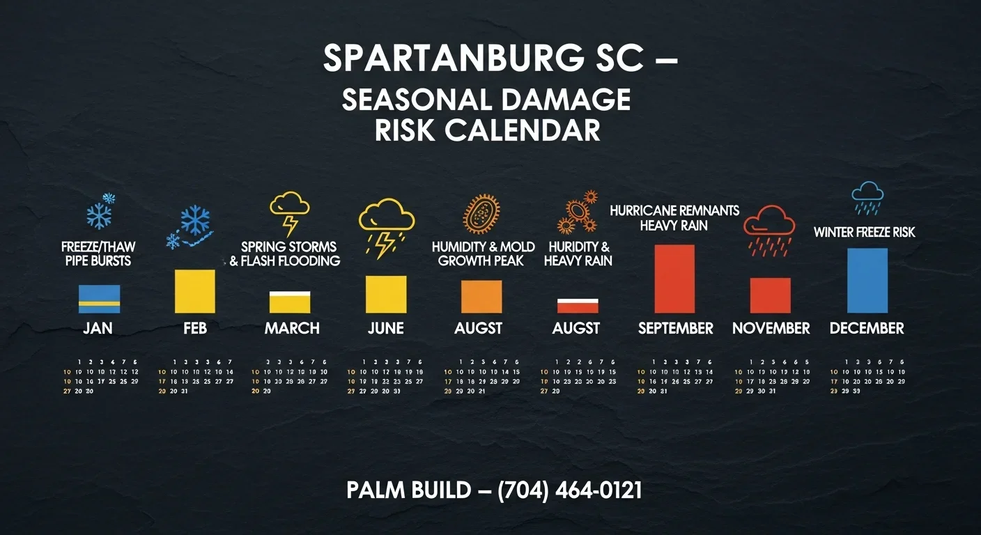 Seasonal mold risk calendar infographic for Spartanburg SC showing peak summer mold season and year-round risk factors