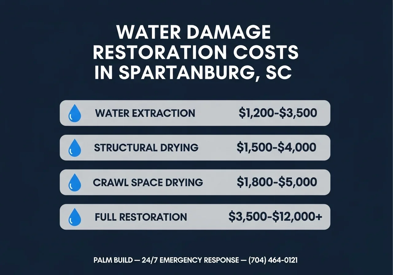 Infographic showing water damage restoration cost ranges for Spartanburg SC properties broken down by damage category and project complexity