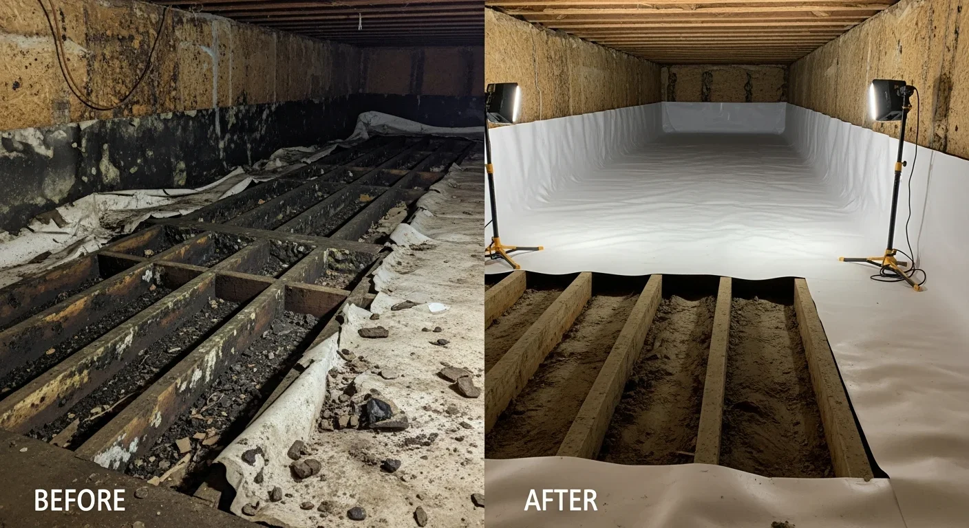 Before and after mold remediation in a Statesville NC crawl space — from mold-covered joists to clean encapsulated space