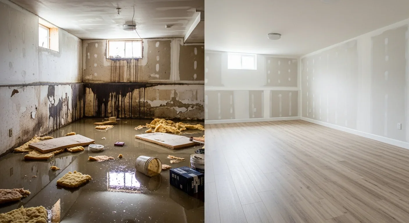 Before and after water damage restoration in Statesville NC — flooded room restored to clean dry condition
