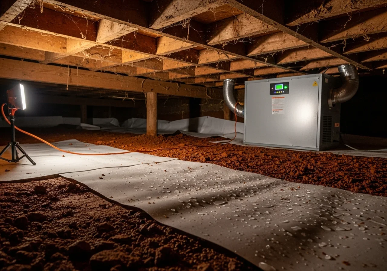 Moisture condensation and clay soil visible in a Statesville NC crawl space with commercial dehumidifier running