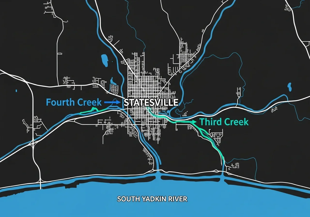Illustrated map showing Statesville NC drainage split between Fourth Creek on the north side and Third Creek on the south side both flowing to the South Yadkin River