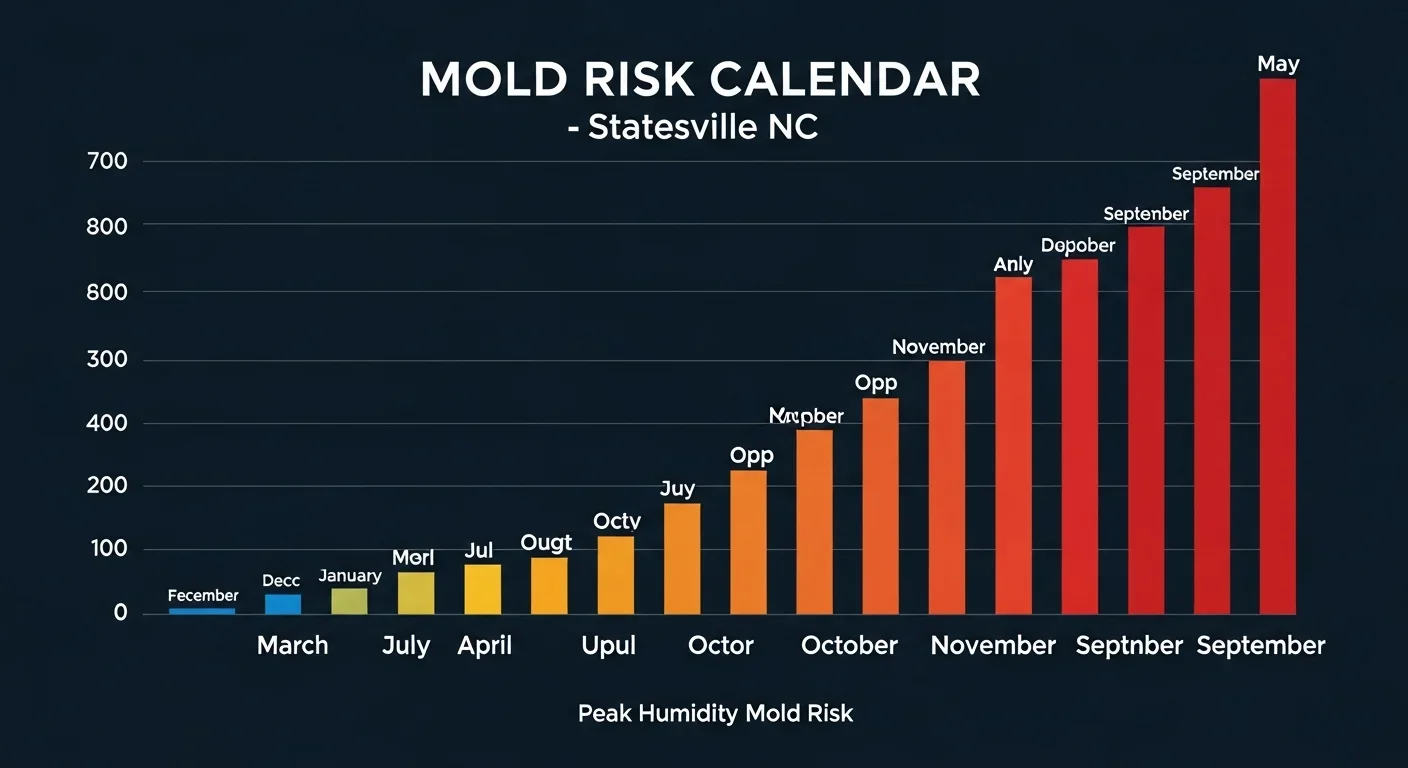 Bar chart infographic showing monthly mold risk levels in Statesville NC with peak risk from May through September