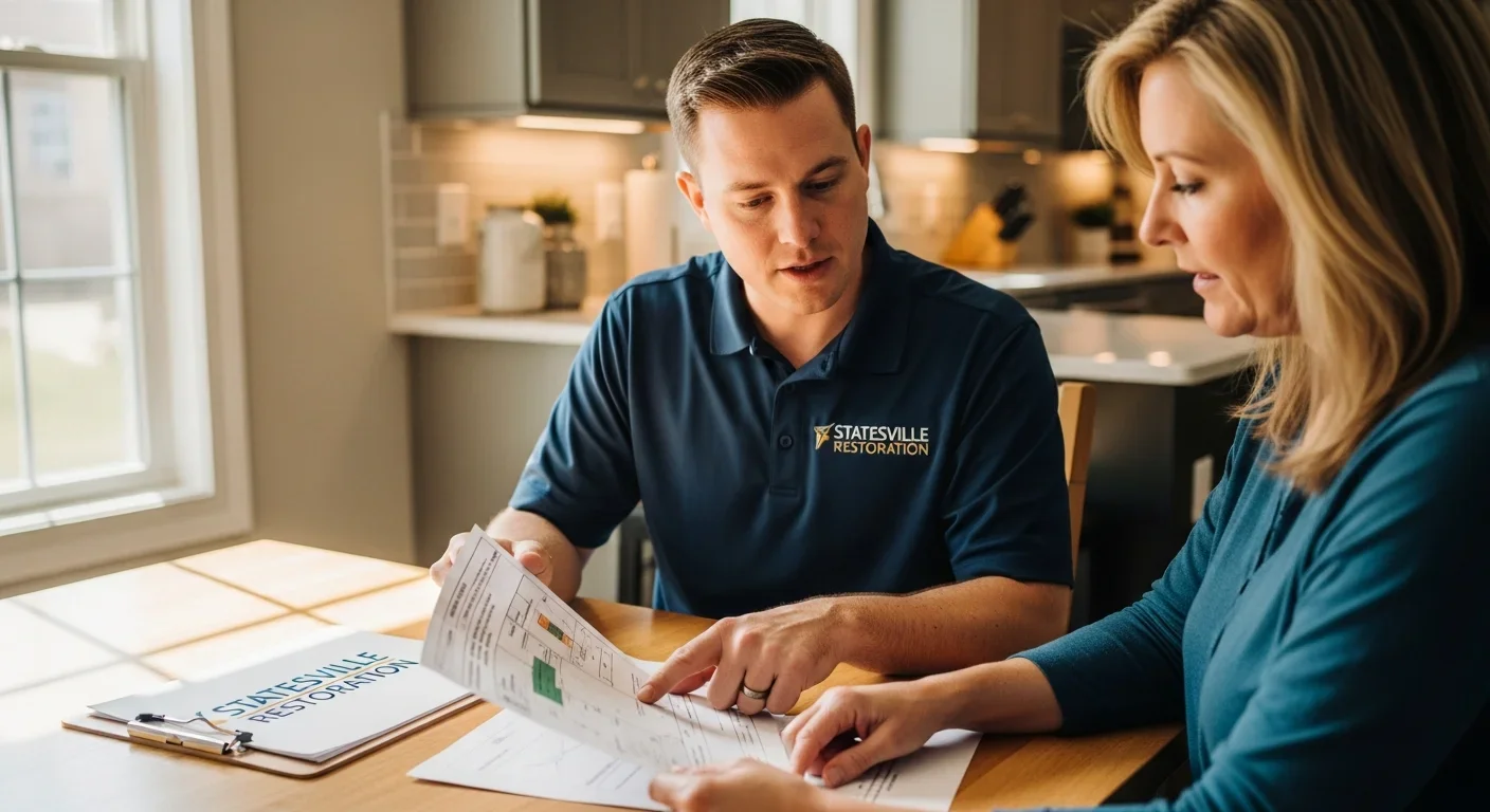 Palm Build technician reviewing moisture map and insurance documentation with a homeowner at a kitchen table in Statesville NC