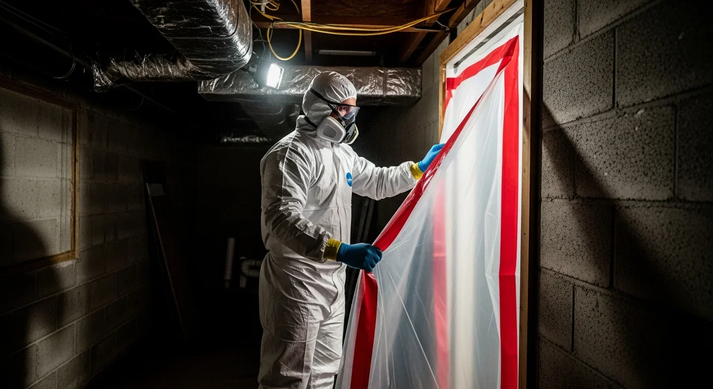 IICRC-certified Palm Build technician setting up mold containment barrier in a Statesville NC home