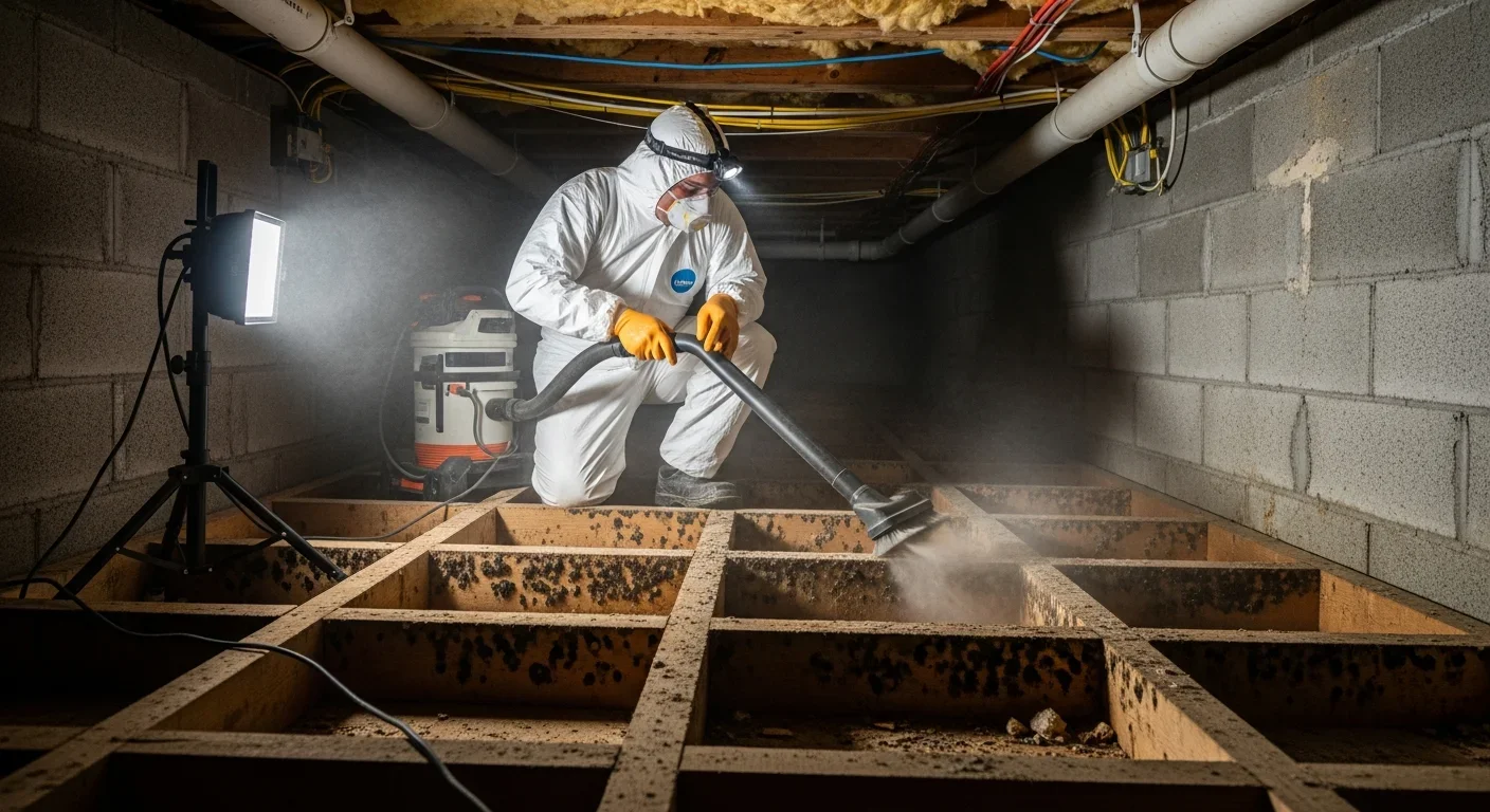 Palm Build IICRC-certified technician treating mold growth on wood floor joists inside a crawl space under a Statesville North Carolina home
