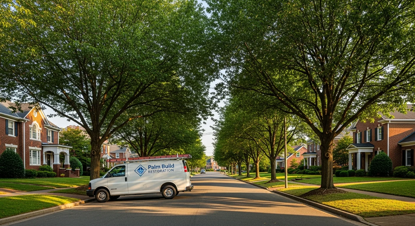 Palm Build restoration van parked on a residential street in Statesville North Carolina preparing for mold remediation work