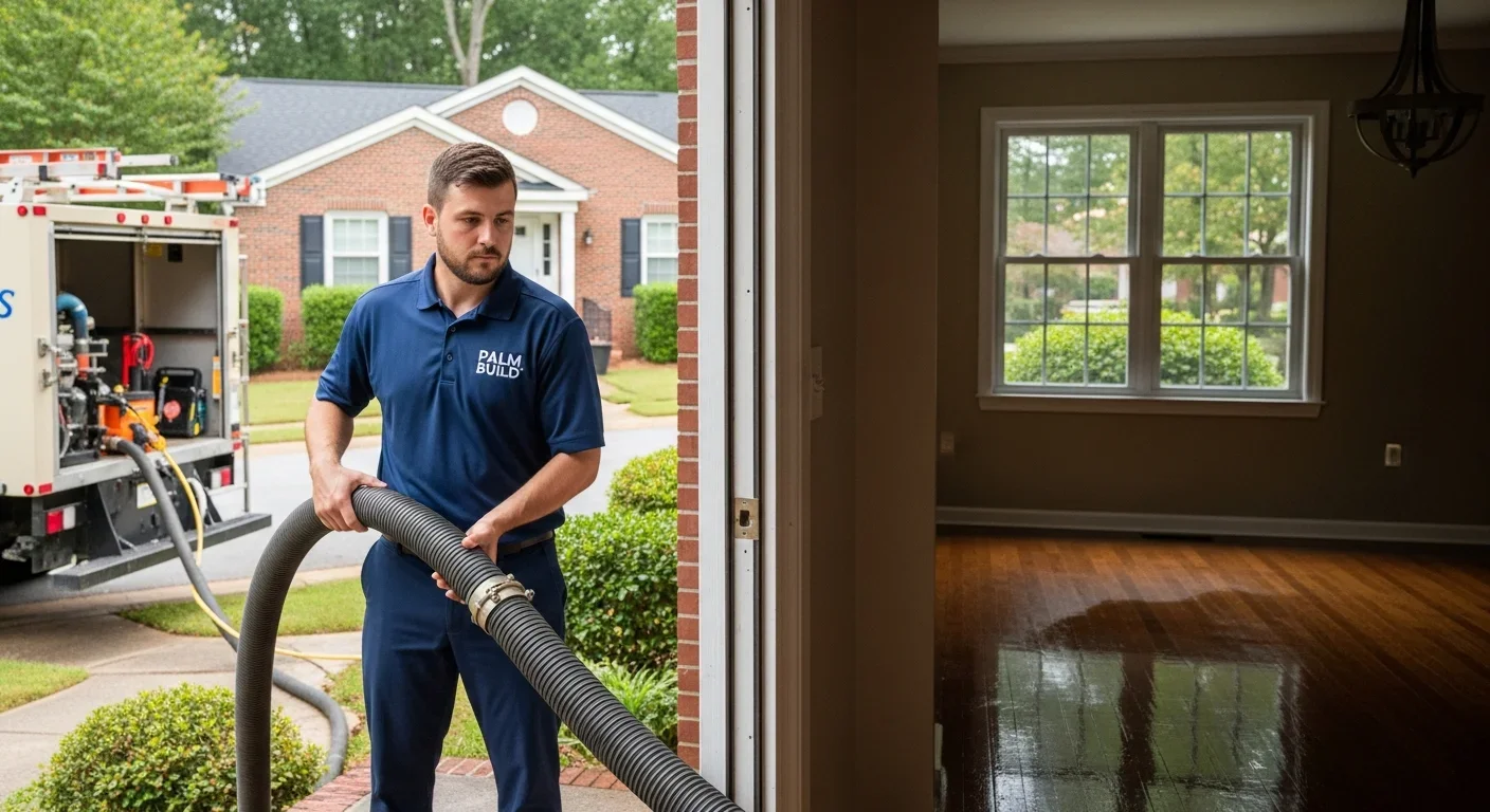 Palm Build technician operating truck-mounted water extraction equipment at a Statesville NC home