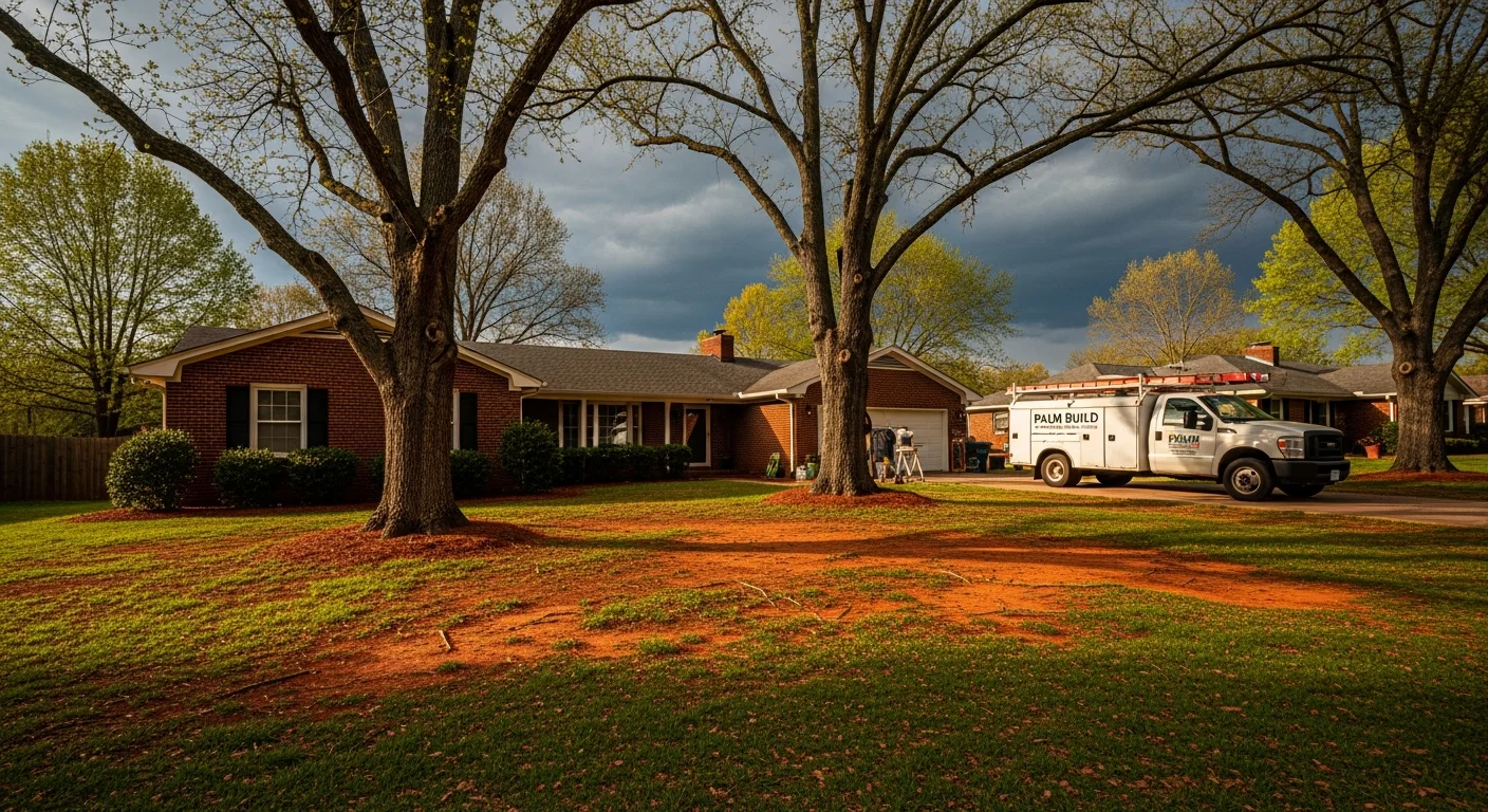 Palm Build restoration truck parked outside a classic brick ranch home in Statesville North Carolina after a storm event