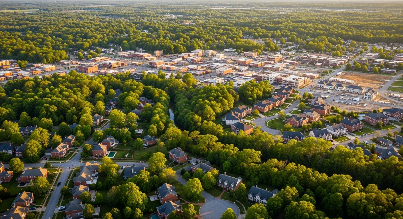 Aerial view of Statesville North Carolina showing residential neighborhoods, creek corridors, and the mix of older and newer housing stock in Iredell County