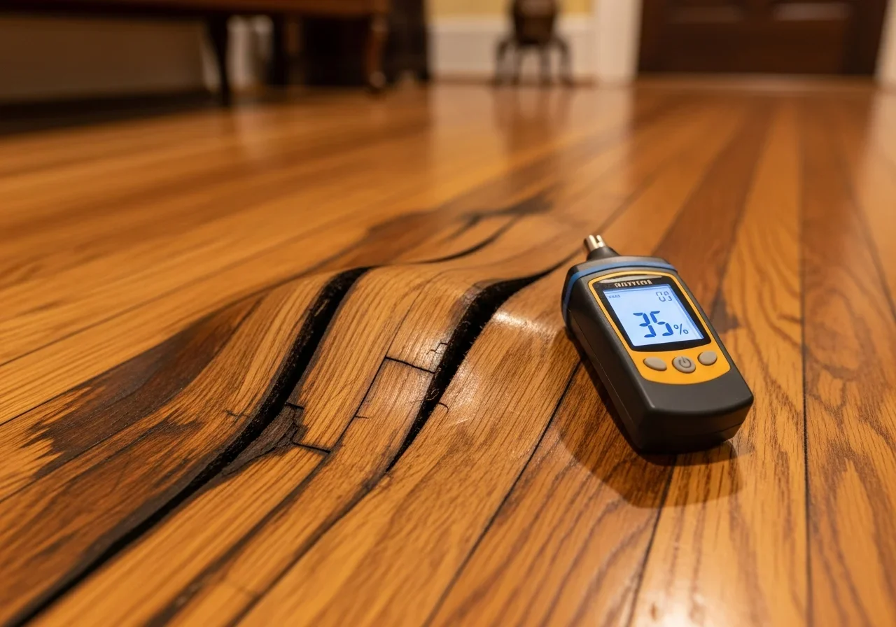 Buckled hardwood floors showing water damage in a Statesville North Carolina home with moisture meter reading