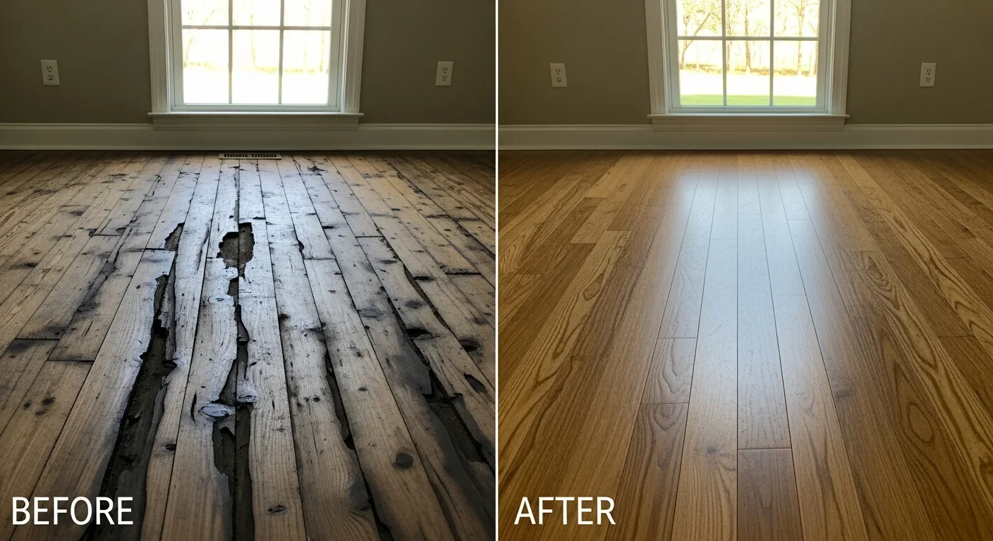 Split before and after photo showing water-damaged hardwood floor in a Sumter, South Carolina home — warped buckled boards before restoration, smooth uniform finish after Palm Build water damage treatment