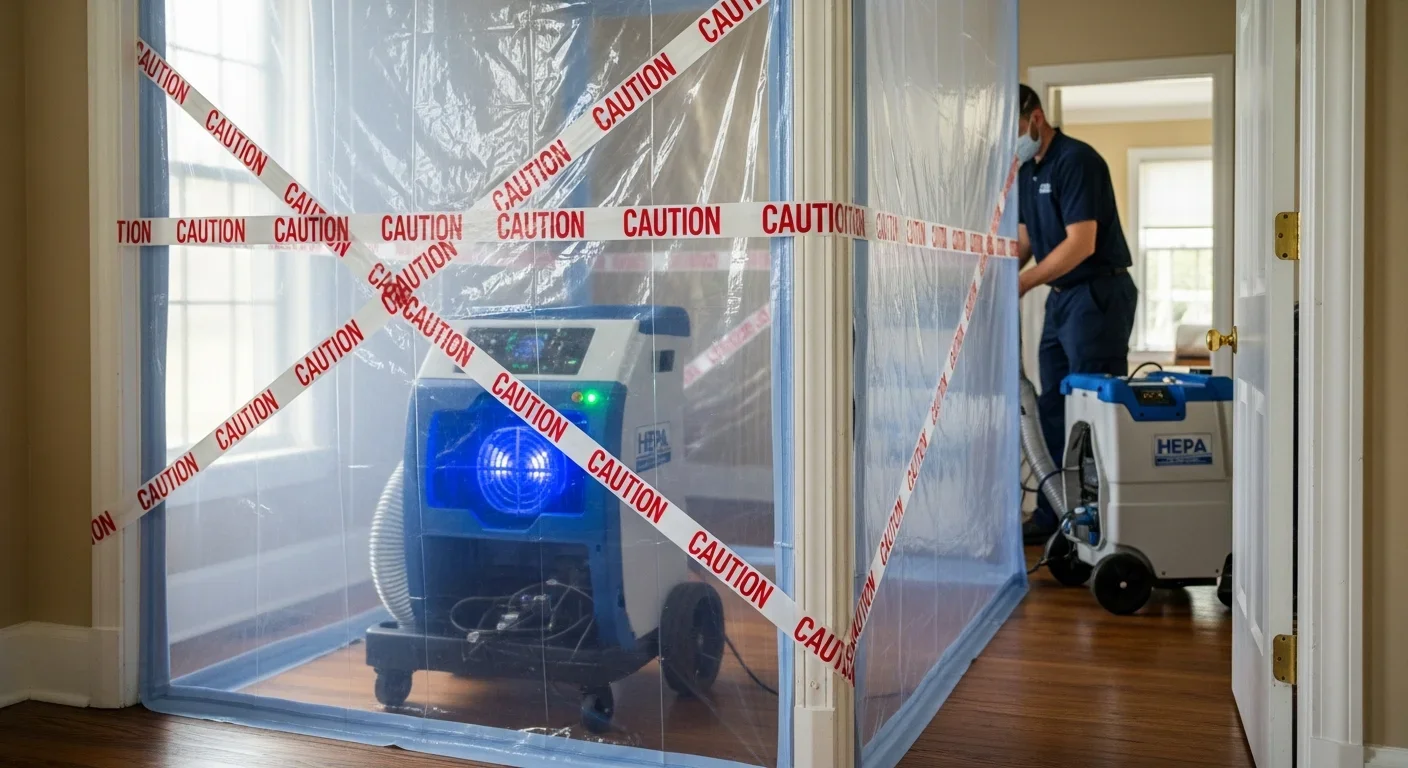 Poly containment barrier and HEPA air scrubber set up in a Sumter, South Carolina home doorway during Palm Build mold remediation project
