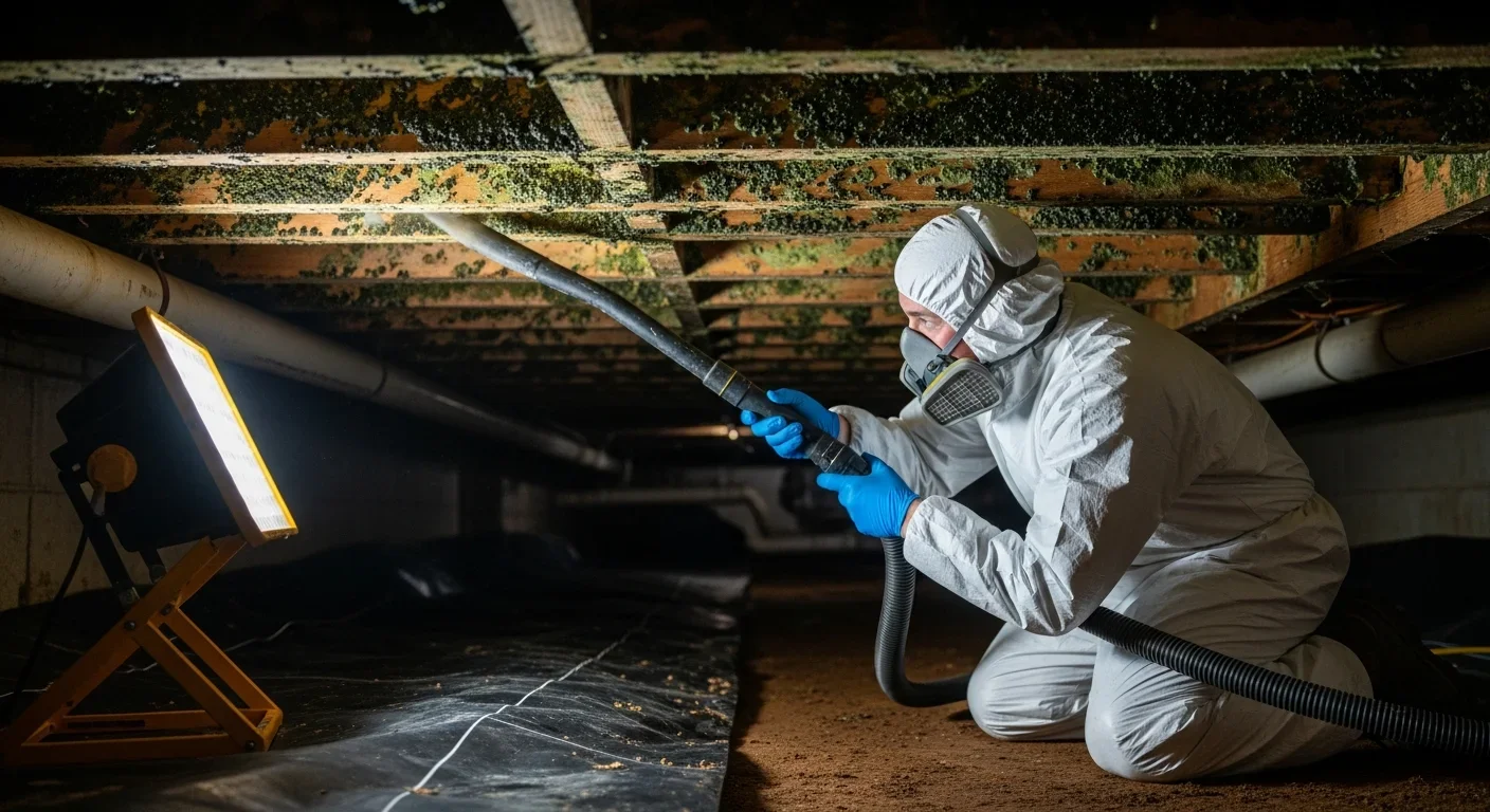 Palm Build technician in full Tyvek PPE suit and respirator performing mold remediation inside a Sumter, South Carolina crawl space with work light illuminating floor joist mold