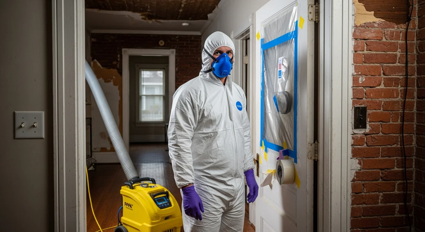 Palm Build mold remediation technician in full white Tyvek PPE suit and respirator standing in the doorway of a Sumter, South Carolina home with HEPA air scrubber running in background
