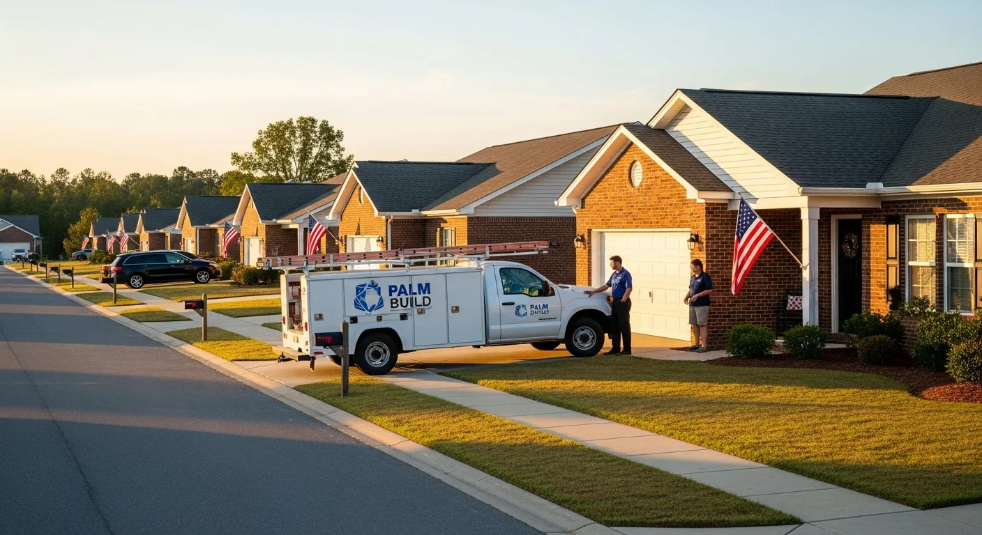 Palm Build technician speaking with homeowner at the front door of a brick ranch home in a Shaw Air Force Base adjacent neighborhood in Sumter, South Carolina