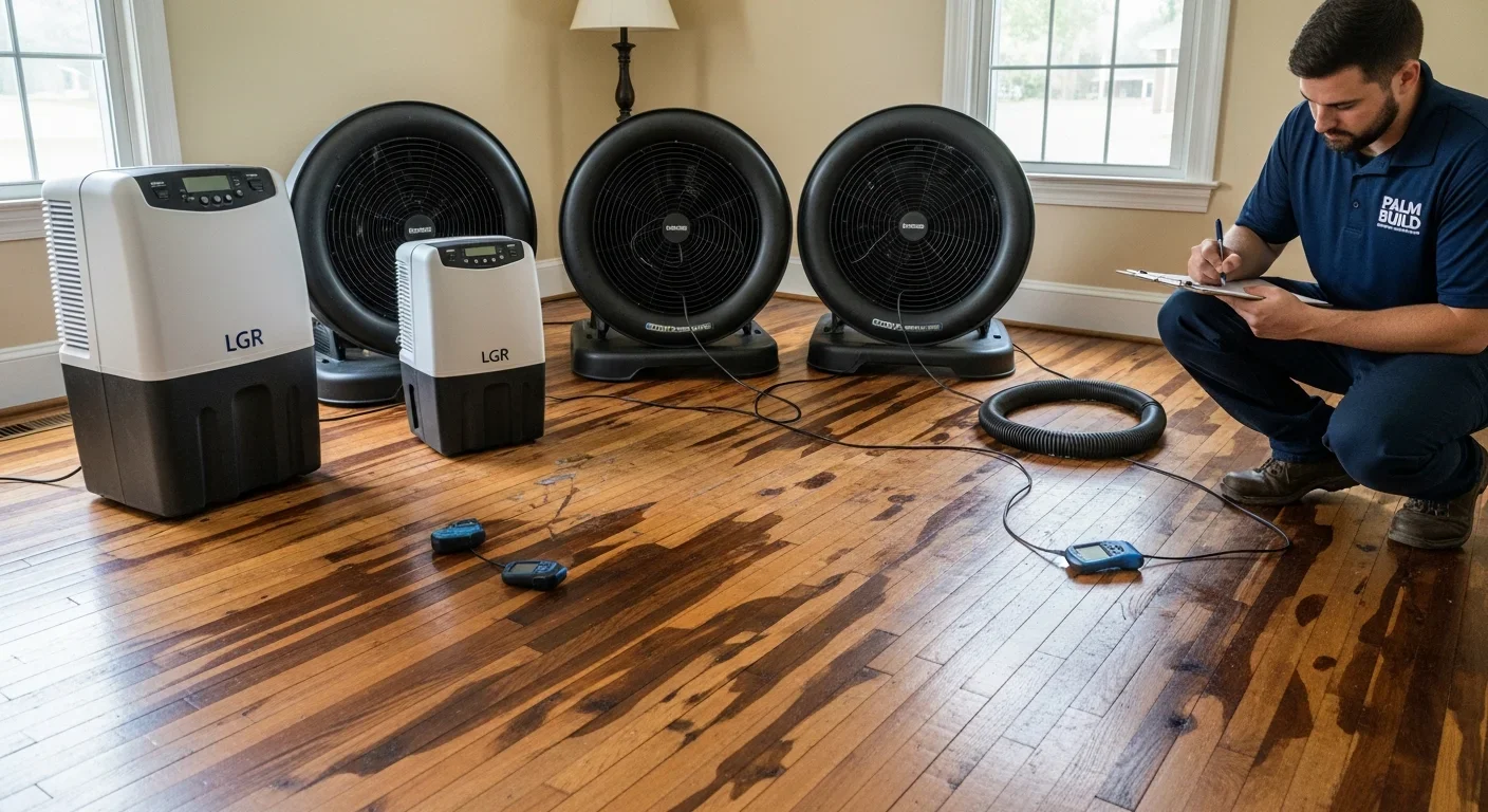 Commercial LGR dehumidifiers and high-velocity air movers staged in a Sumter, South Carolina home interior with water-damaged hardwood floors and moisture meters placed throughout