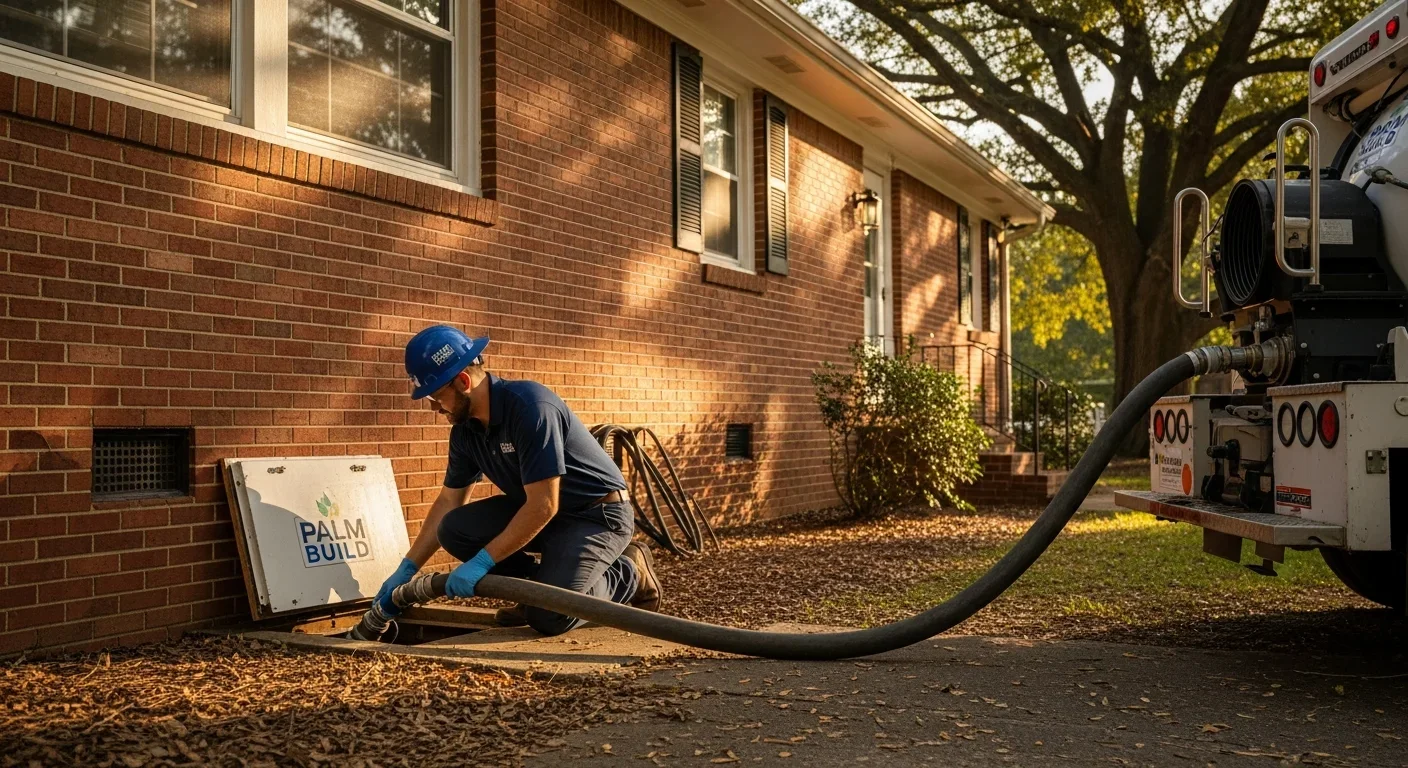 Palm Build technician running extraction hose into crawl space access vent of a brick ranch home in Sumter, South Carolina during emergency water damage response