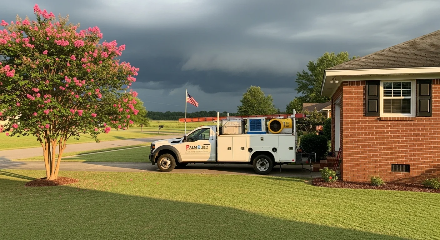 Palm Build restoration truck parked in the driveway of a red brick ranch home on a Sumter, South Carolina residential street with storm clouds gathering on the horizon