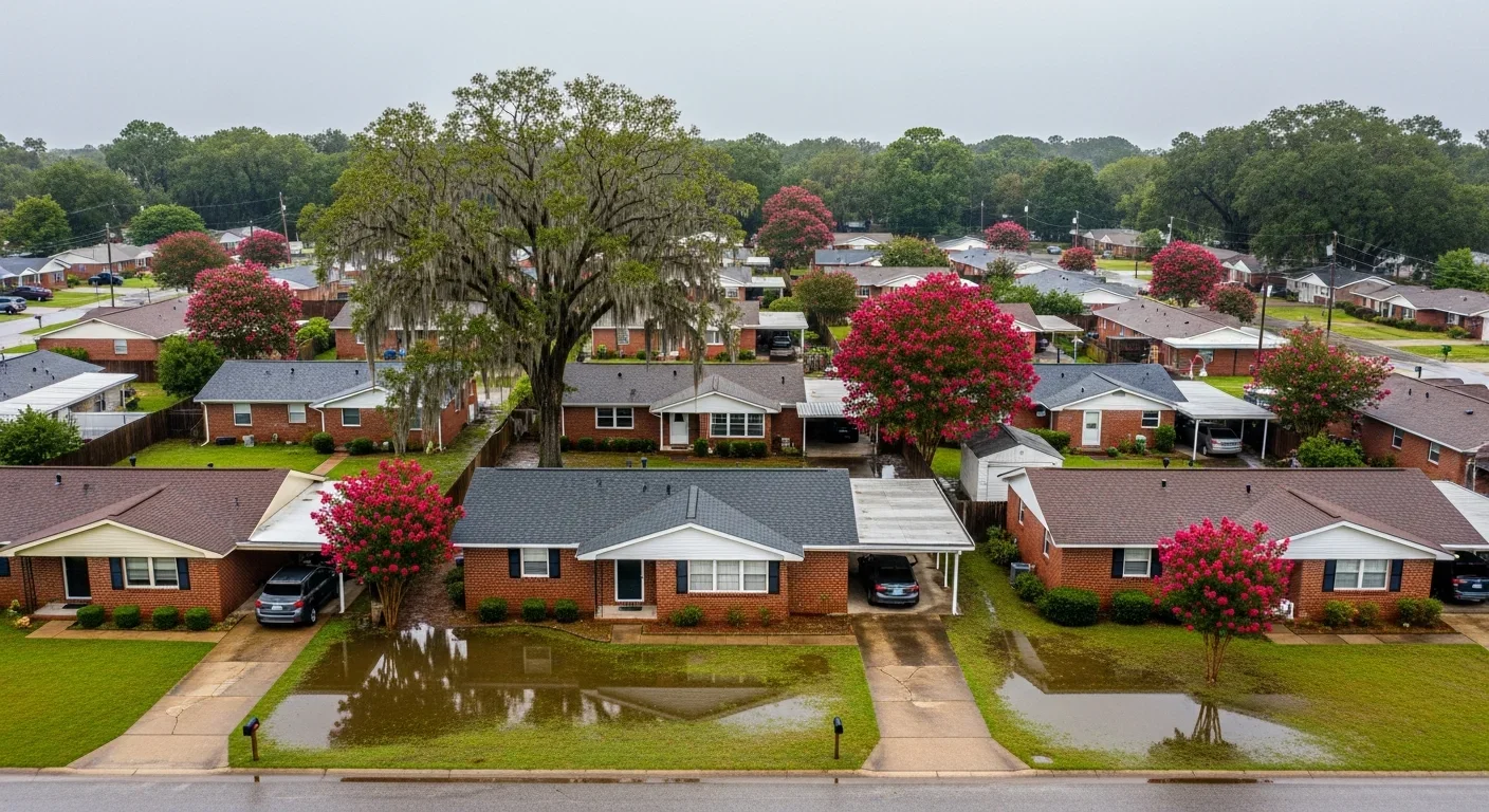 Standing water in yards and street of a Sumter, South Carolina brick ranch neighborhood after heavy rainfall — flat clay-soil terrain creates persistent drainage challenges throughout Sumter County