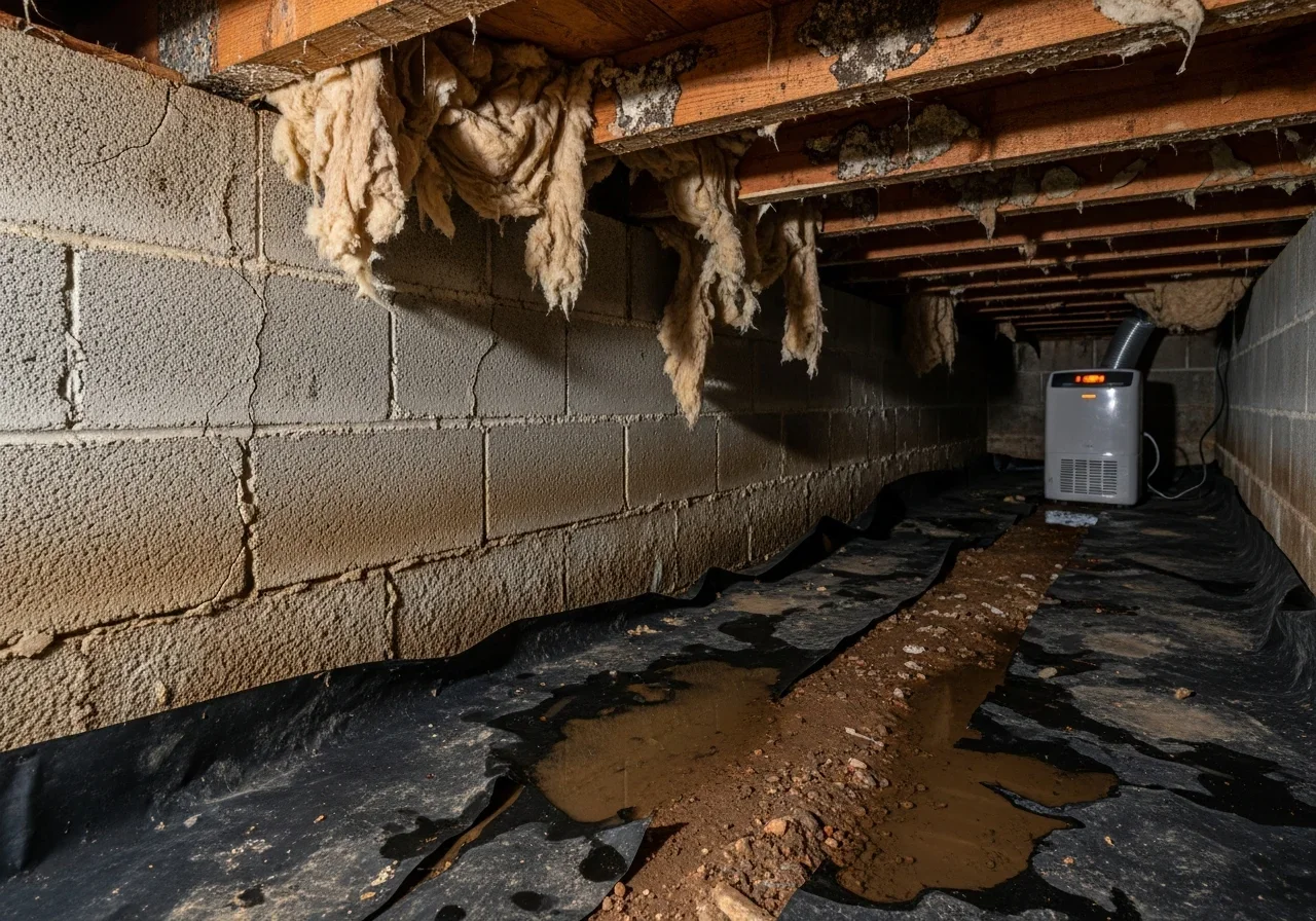 Interior of a Sumter, South Carolina crawl space showing moisture damage on block foundation walls, deteriorated vapor barrier, and standing water on dirt floor requiring professional remediation