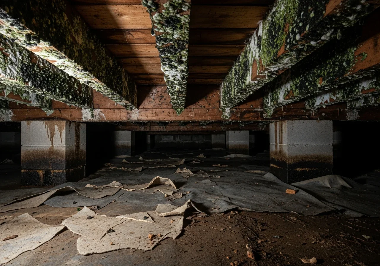 Extensive black and green mold growth covering floor joists in the crawl space of an older Sumter, South Carolina brick ranch home — typical of pre-2000 vented crawl space construction in the SC Midlands