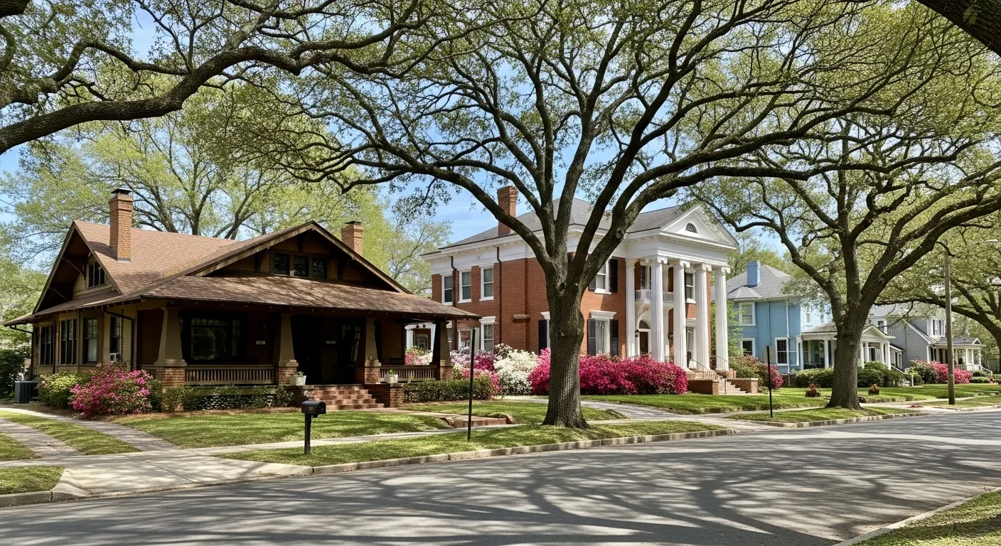 Tree-lined street in Hampton Park Historic District in Sumter, SC showing Victorian and Craftsman era homes from the early 1900s with wide front porches and mature oak canopy