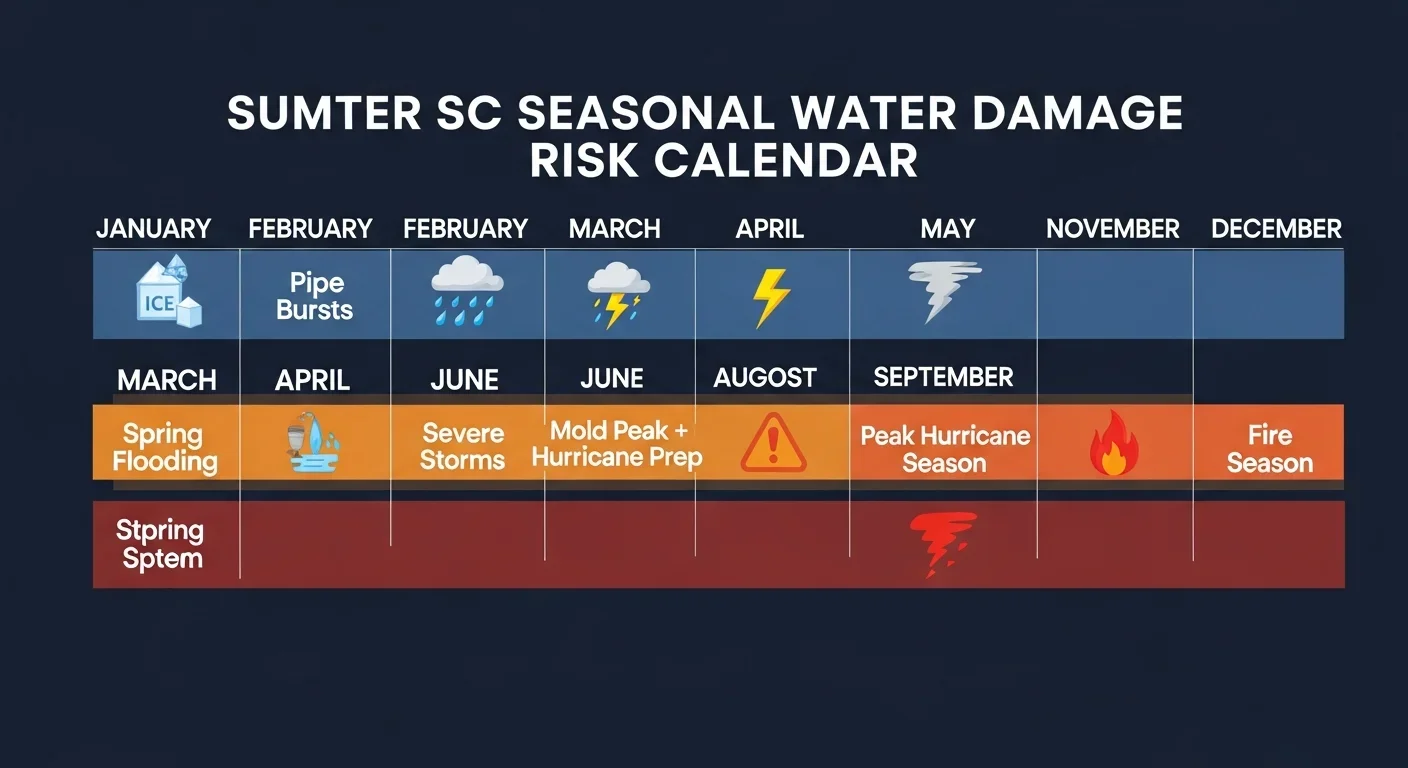 Sumter SC seasonal property damage calendar showing peak risk periods by month — water damage in March and July, tropical storms June through October, fire risk November through January