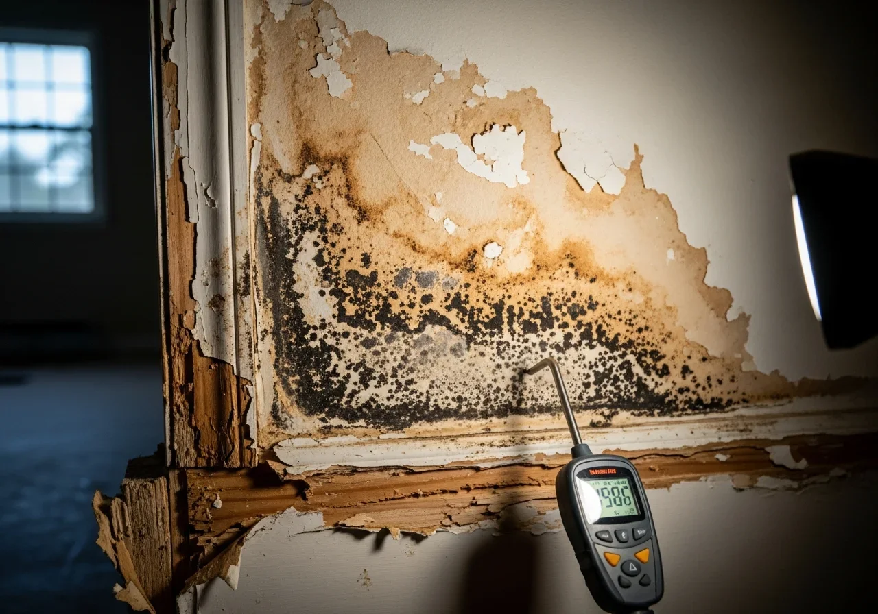 Water-damaged and mold-affected drywall in a Sumter, South Carolina home — staining pattern, bubbling paint, and mold growth in lower wall section before professional remediation