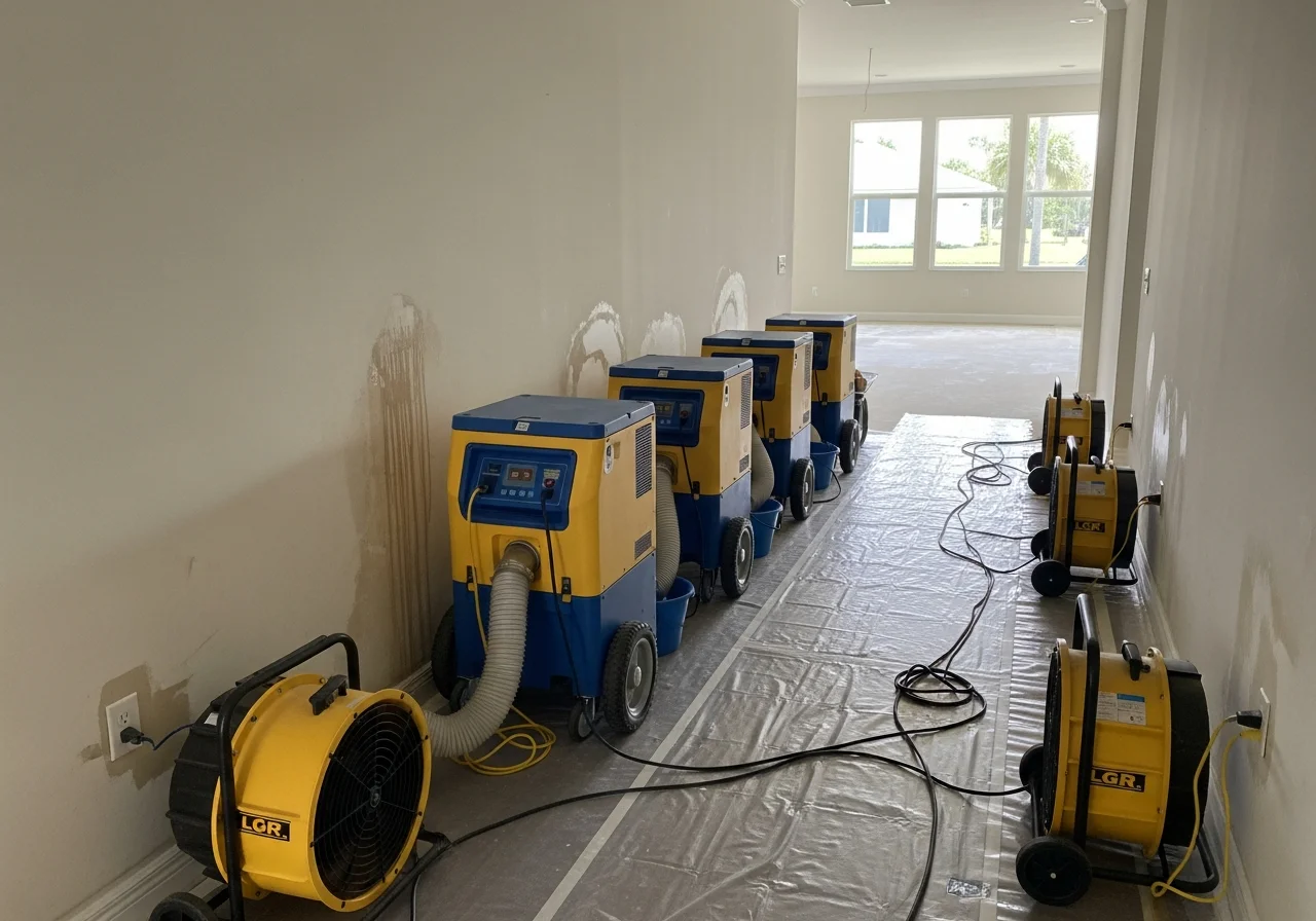 Commercial dehumidifiers and air movers set up for structural drying in a Sunrise FL property