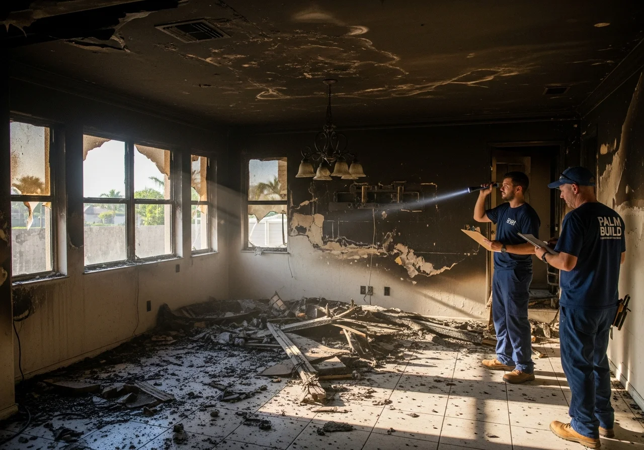 Palm Build technician assessing fire and smoke damage inside a Sunrise Florida home with soot deposits on walls and professional restoration equipment