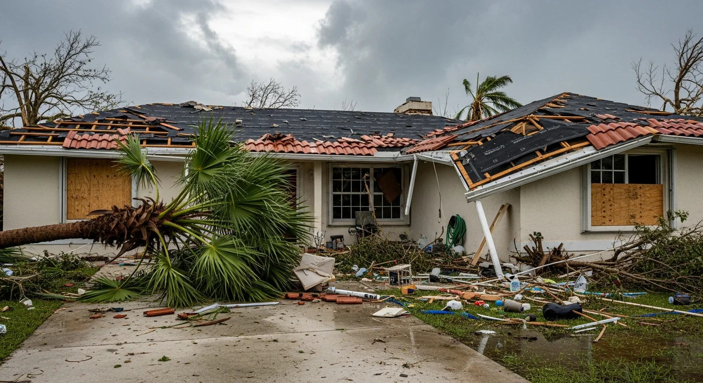 Storm and hurricane damage to residential property in Sunrise Florida showing wind-driven debris and structural impact requiring emergency restoration