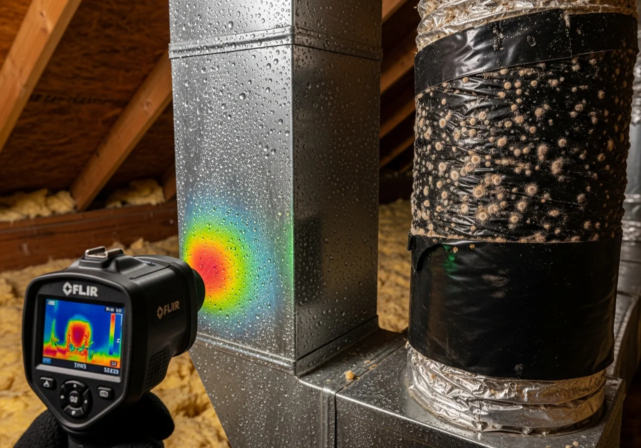 HVAC condensation and mold growth inside a Sunrise FL condo unit showing moisture damage on ductwork