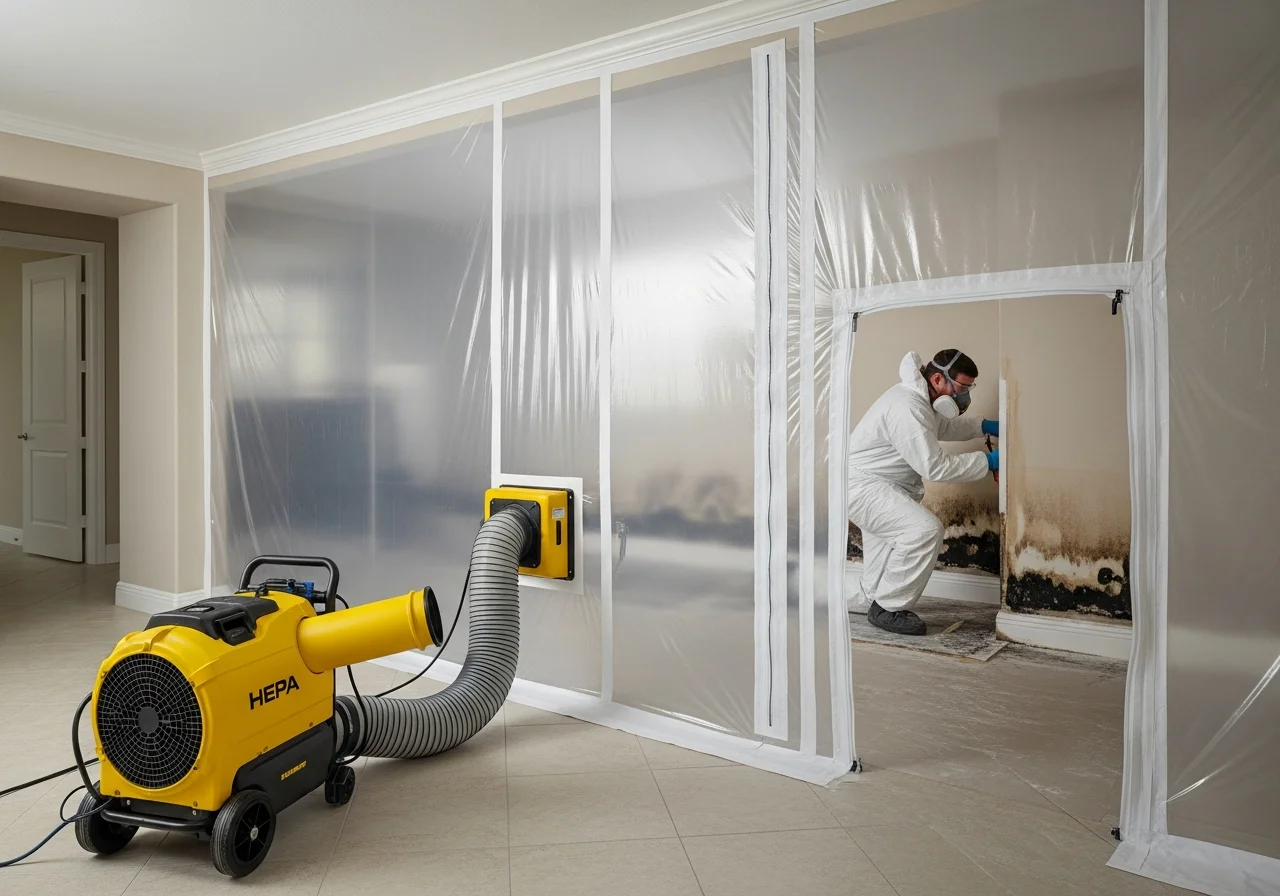Palm Build mold remediation team setting up containment barriers in a Sunrise Florida home with HEPA air scrubbers and protective equipment