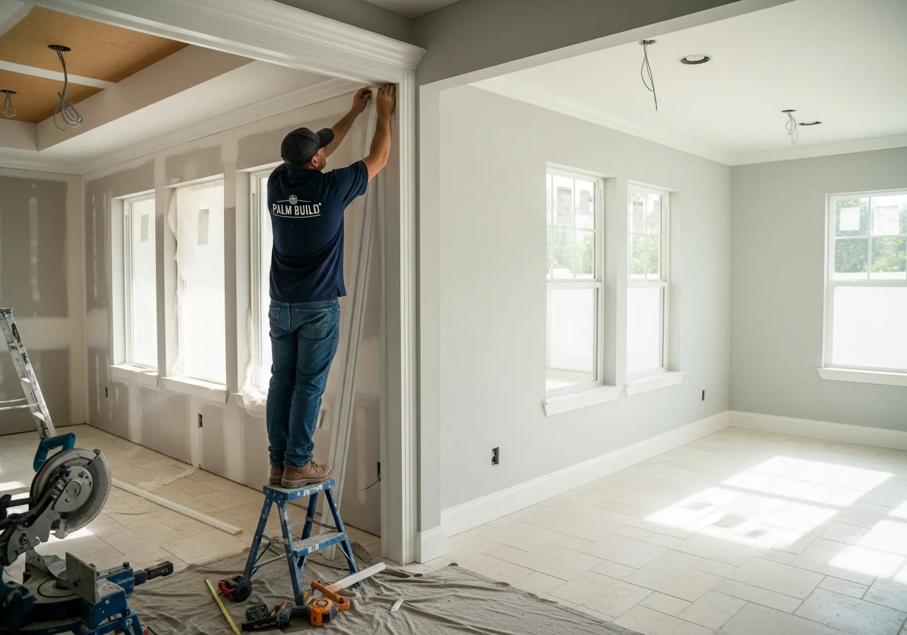 Palm Build reconstruction crew performing finish work inside a Sunrise Florida home with new drywall installation and trim carpentry in progress