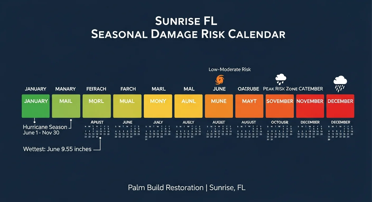 Sunrise FL seasonal damage calendar showing water damage, mold, storm, and flood risks by season