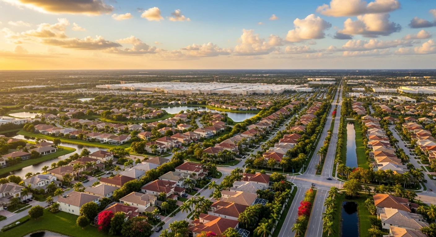 Aerial view of Sunrise FL neighborhoods showing dense condo communities and canal systems