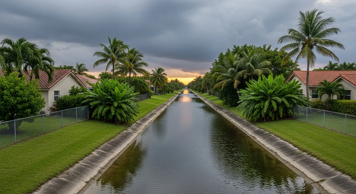 Aerial view of Sunrise FL neighborhoods adjacent to Broward County canal system showing flood-control infrastructure