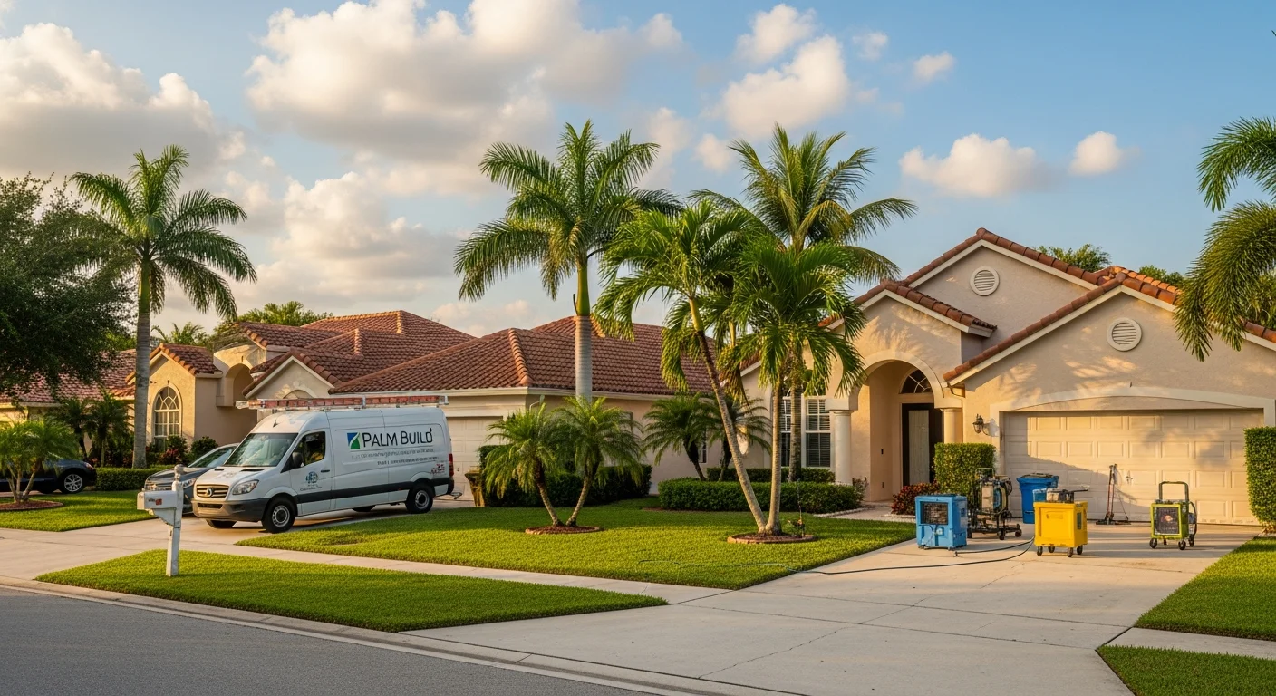 Aerial view of Sunrise Florida suburban neighborhood with Palm Build restoration van responding to water damage emergency in Broward County
