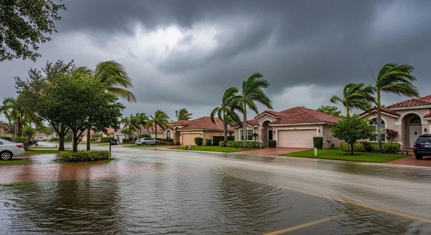 Street flooding in a Sunrise Florida neighborhood during heavy rainfall showing water pooling near residential properties