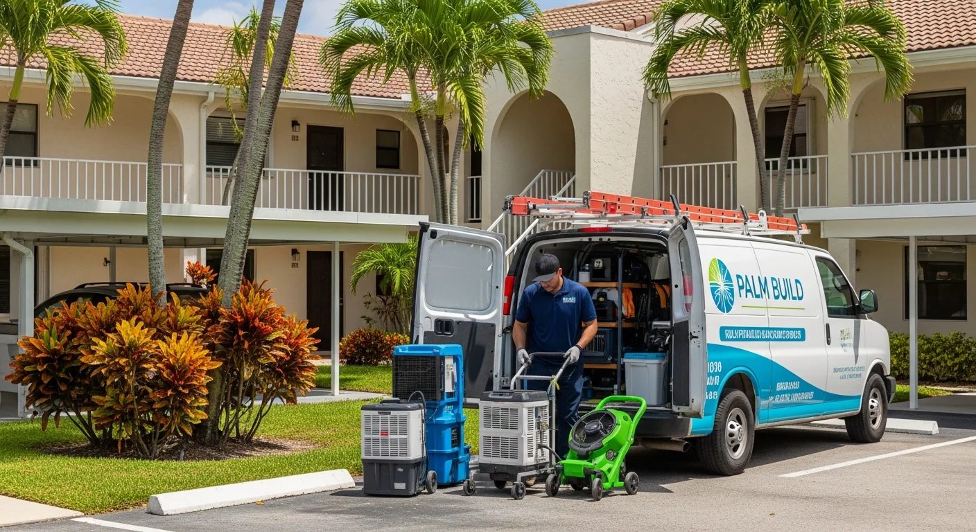 Palm Build service vehicle at a Sunrise FL condo community for reconstruction services