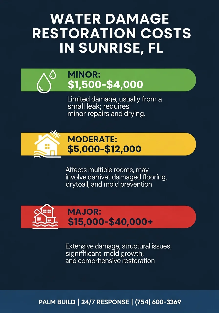 Infographic showing water damage restoration cost ranges in Sunrise FL compared to national averages