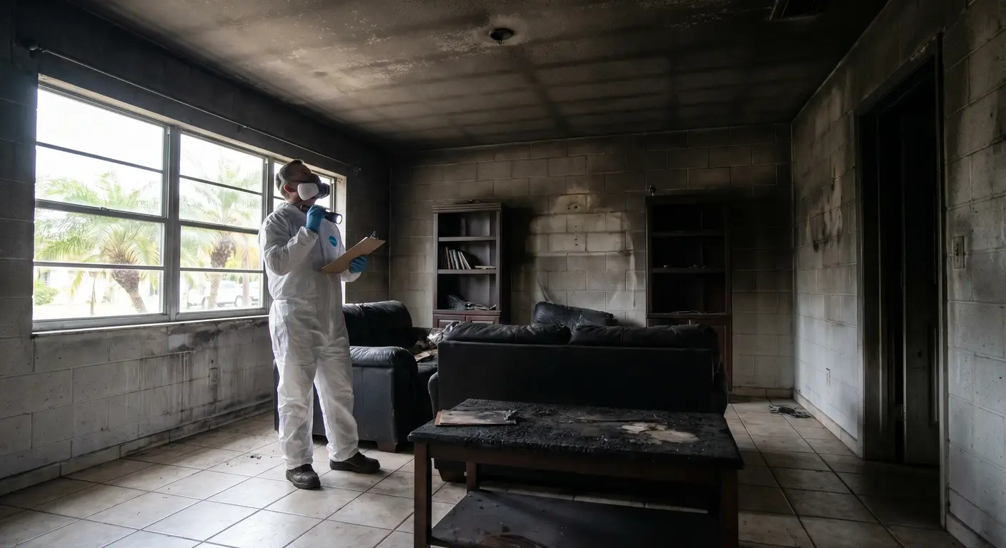 Palm Build fire and smoke damage restoration scene at a CBS stucco home in Tamarac Florida showing restoration equipment deployed at a 55+ community property